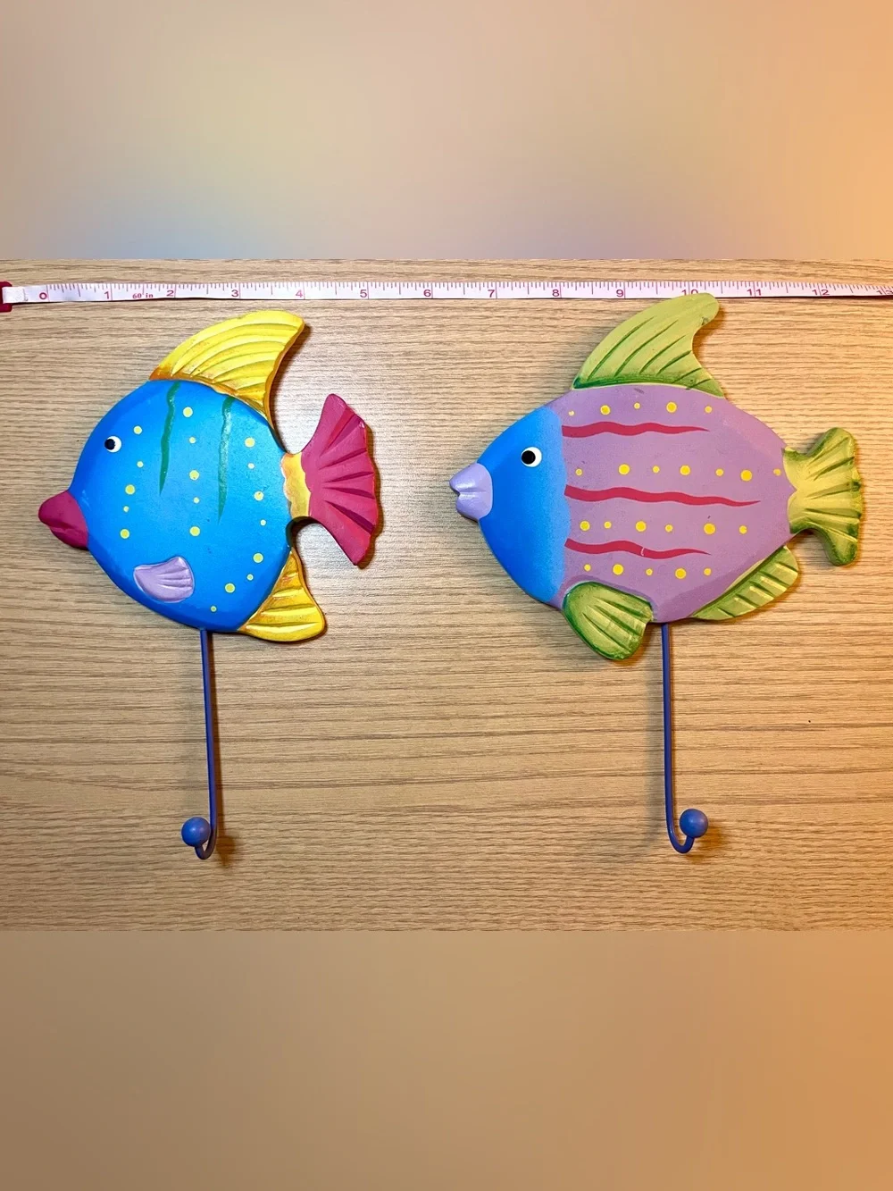 Set of 2 Tropical Fish Wall Hooks Wooden Colorful Beach House Towel Hangers 8